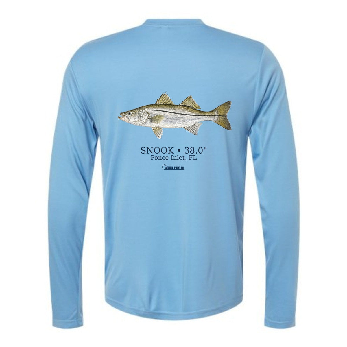 A light blue performance fishing shirt with a snook printed across the back
