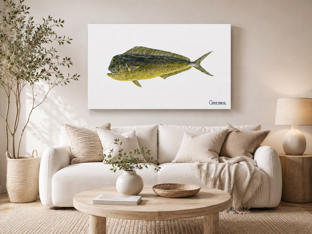 Custom mahi-mahi canvas print in a warm modern living room