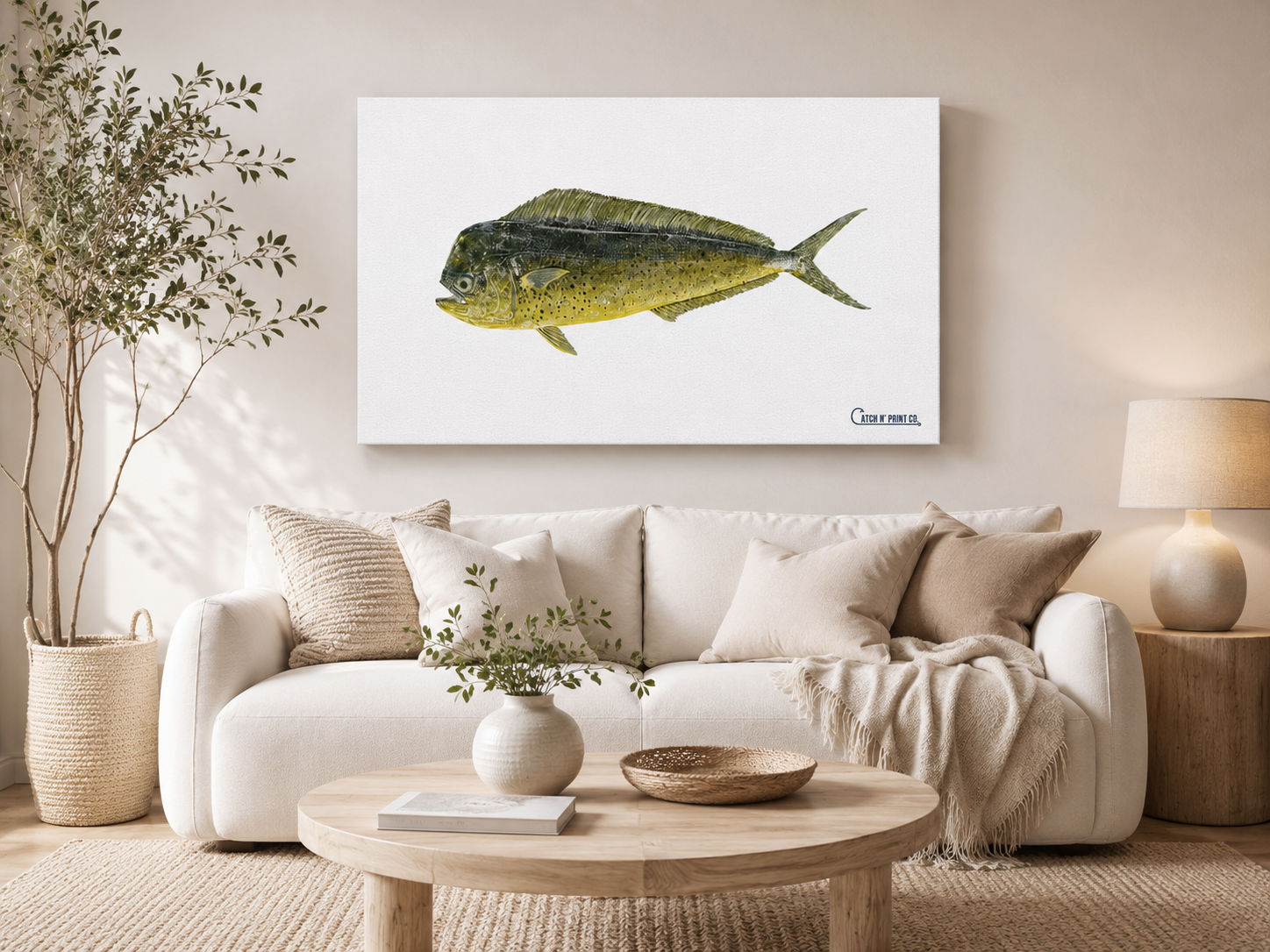 Custom mahi-mahi canvas print in a warm modern living room