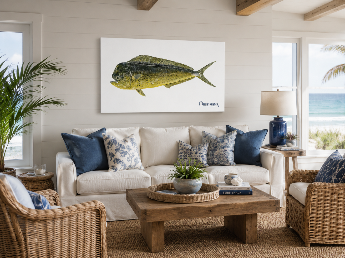 Custom mahi-mahi canvas print in a bright beach house