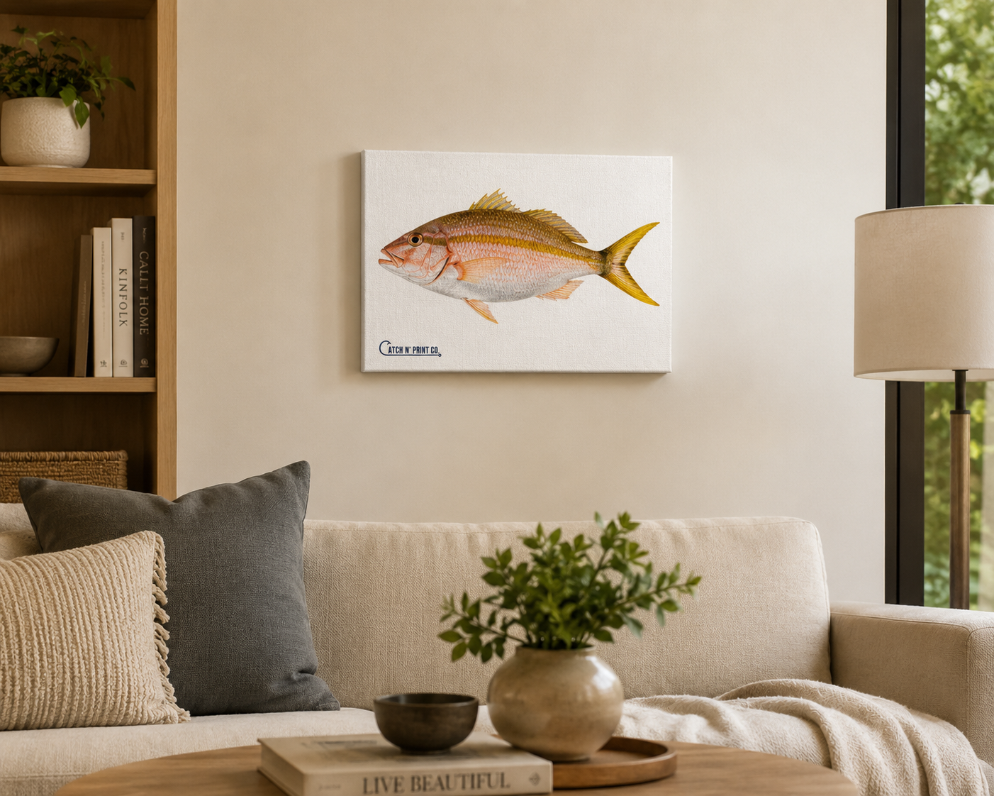 Custom fish print displayed in a styled living room