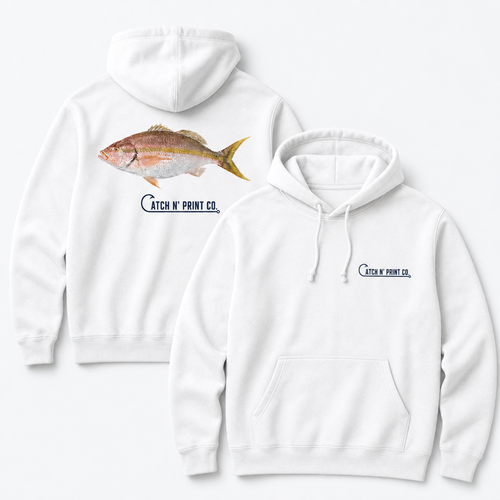 Catch N' Print custom fish hoodie in white, front and back