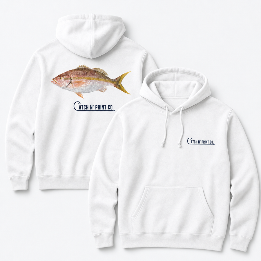Catch N' Print custom fish hoodie in white, front and back