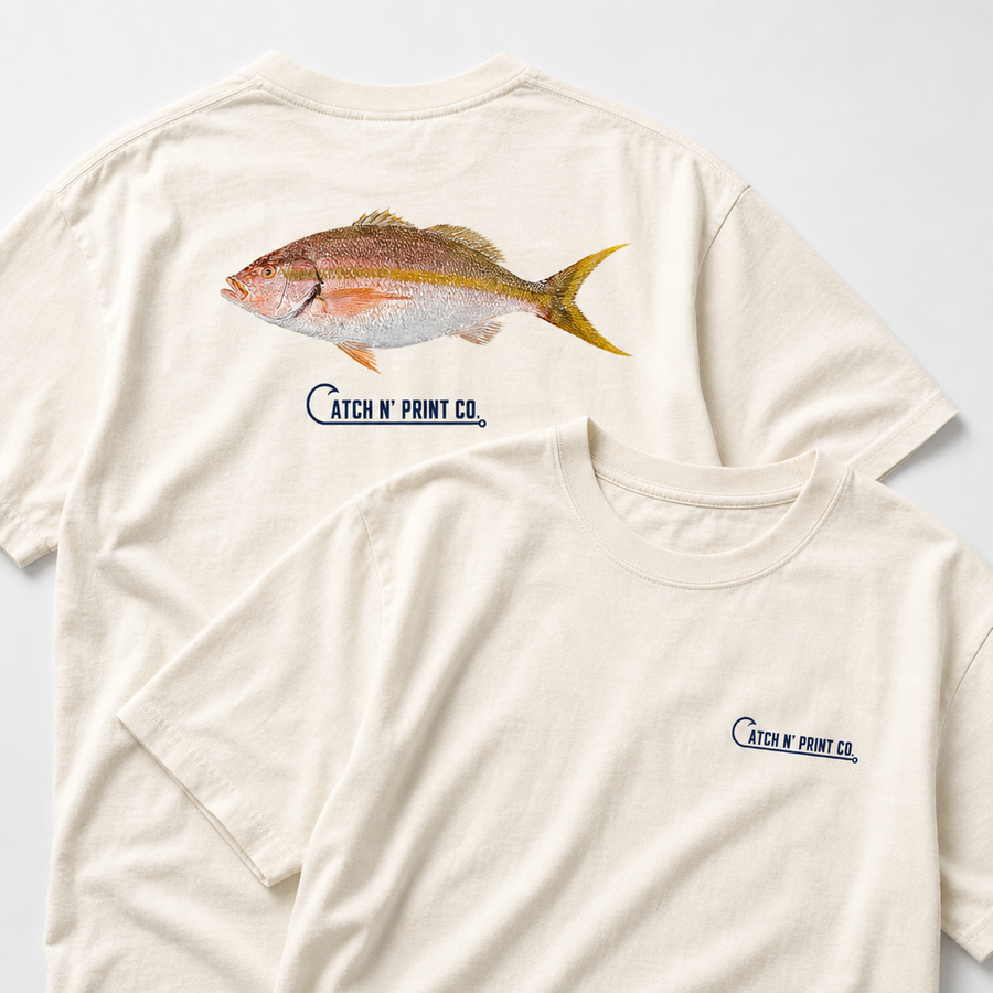 Catch N' Print custom fish tee in ivory, front and back