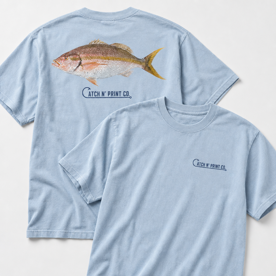 Catch N' Print custom fish tee in light blue, front and back