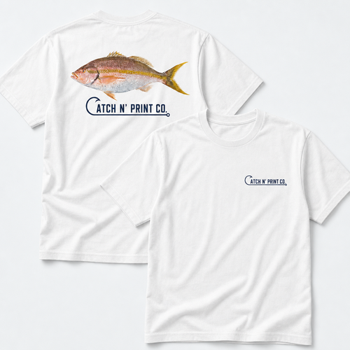 Catch N' Print custom fish tee in white, front and back