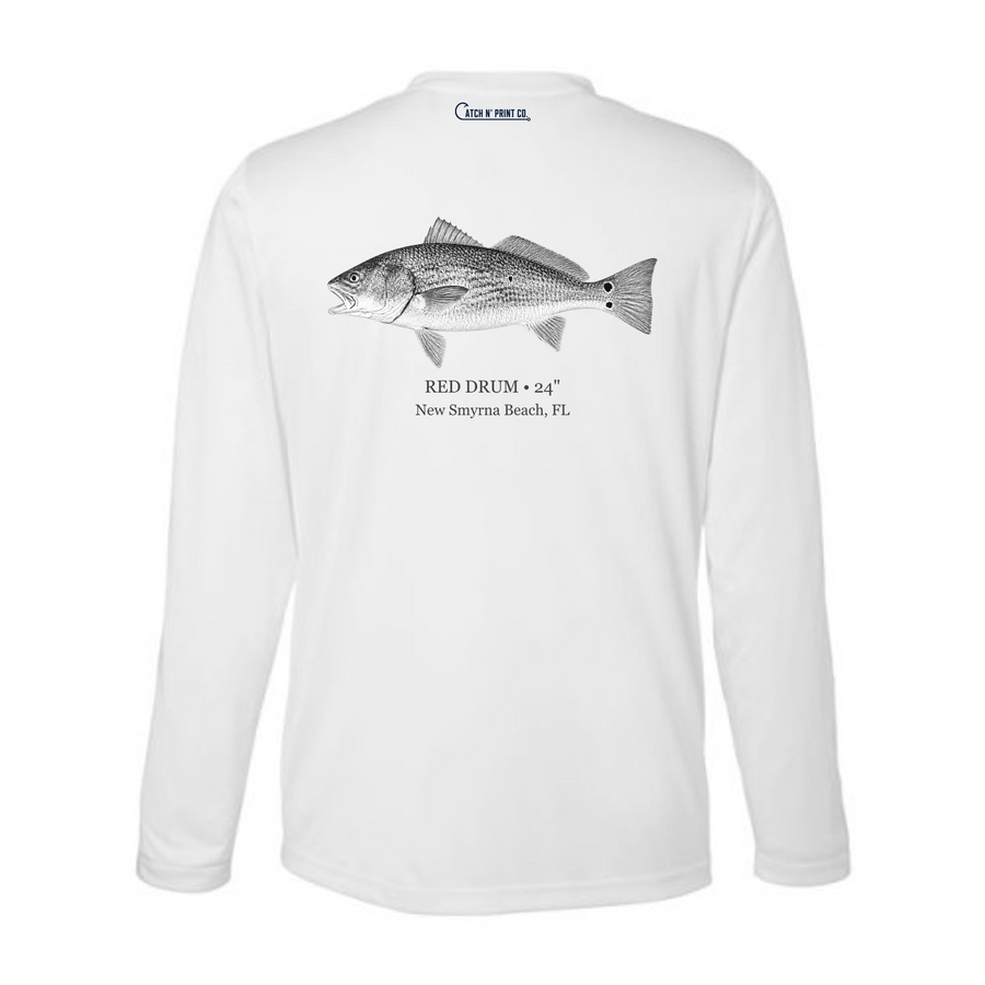 Performance Long Sleeve, Gyotaku Black & White artwork, White, Horizontal orientation, back view
