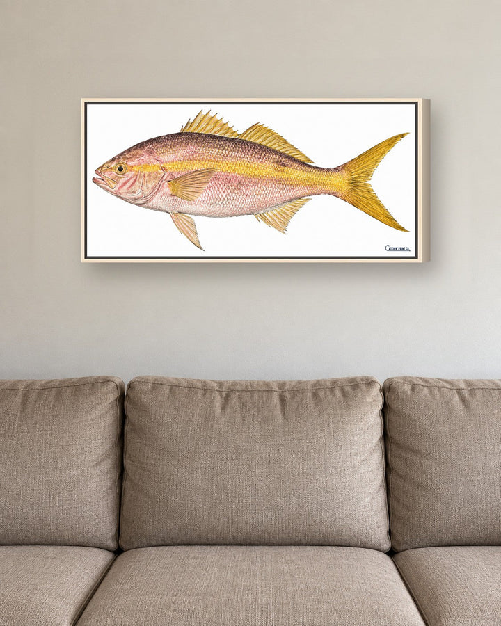 Canvas in a natural wood floating frame, at true size