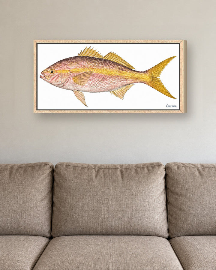 Canvas in an oak floating frame, at true size