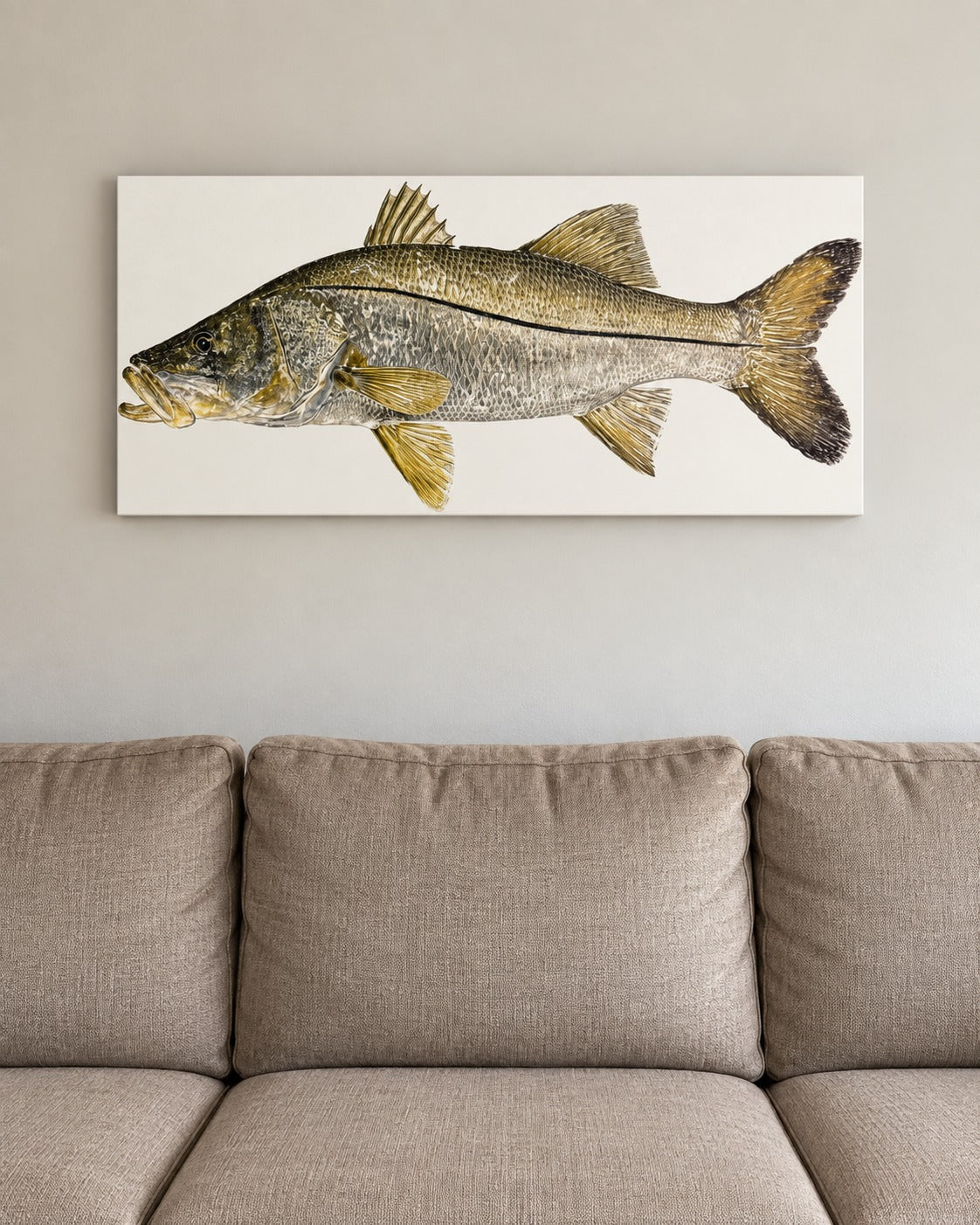A custom fish print on canvas above a sofa