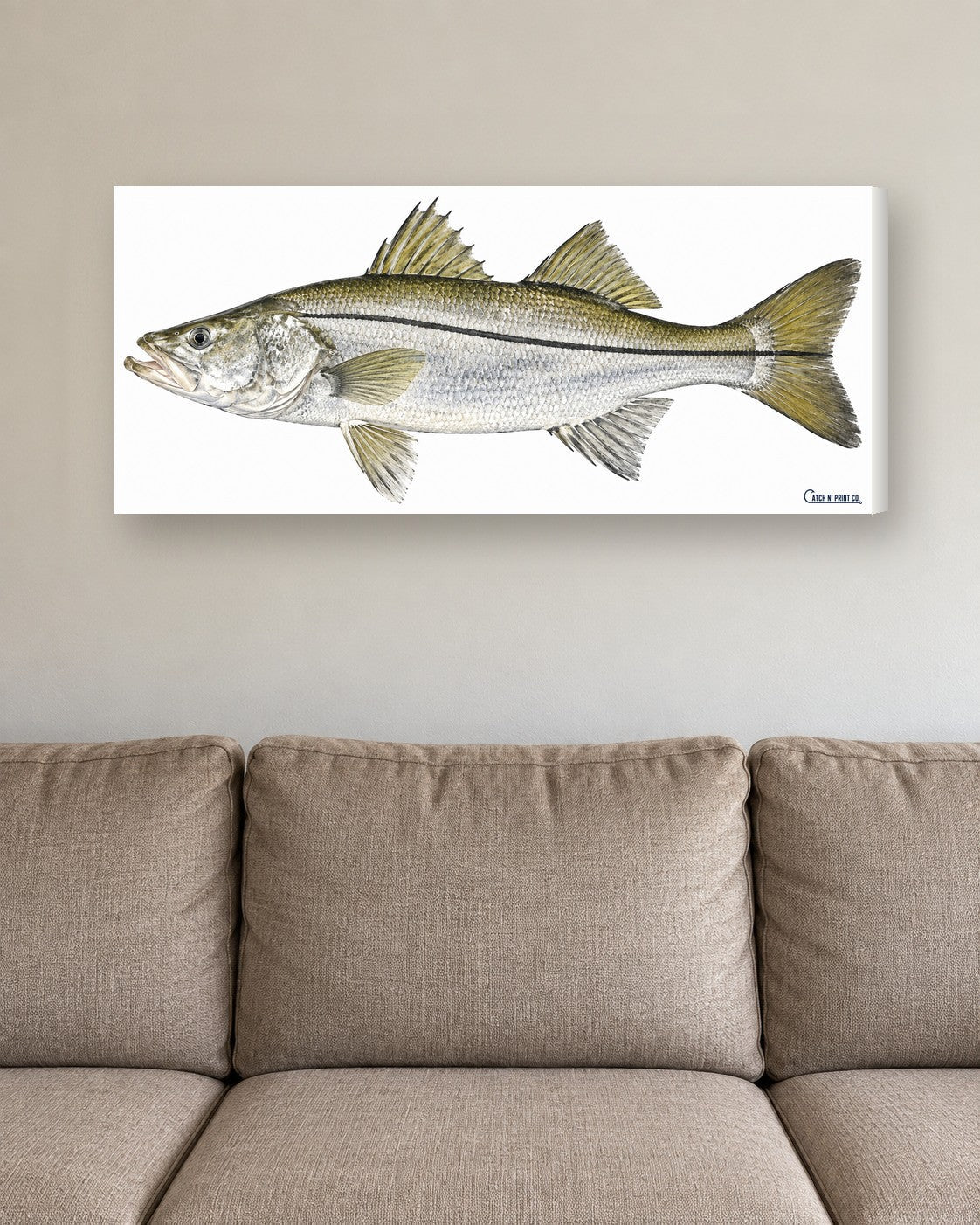 Your fish at its true length on a 1.50in stretched canvas, above a sofa for scale