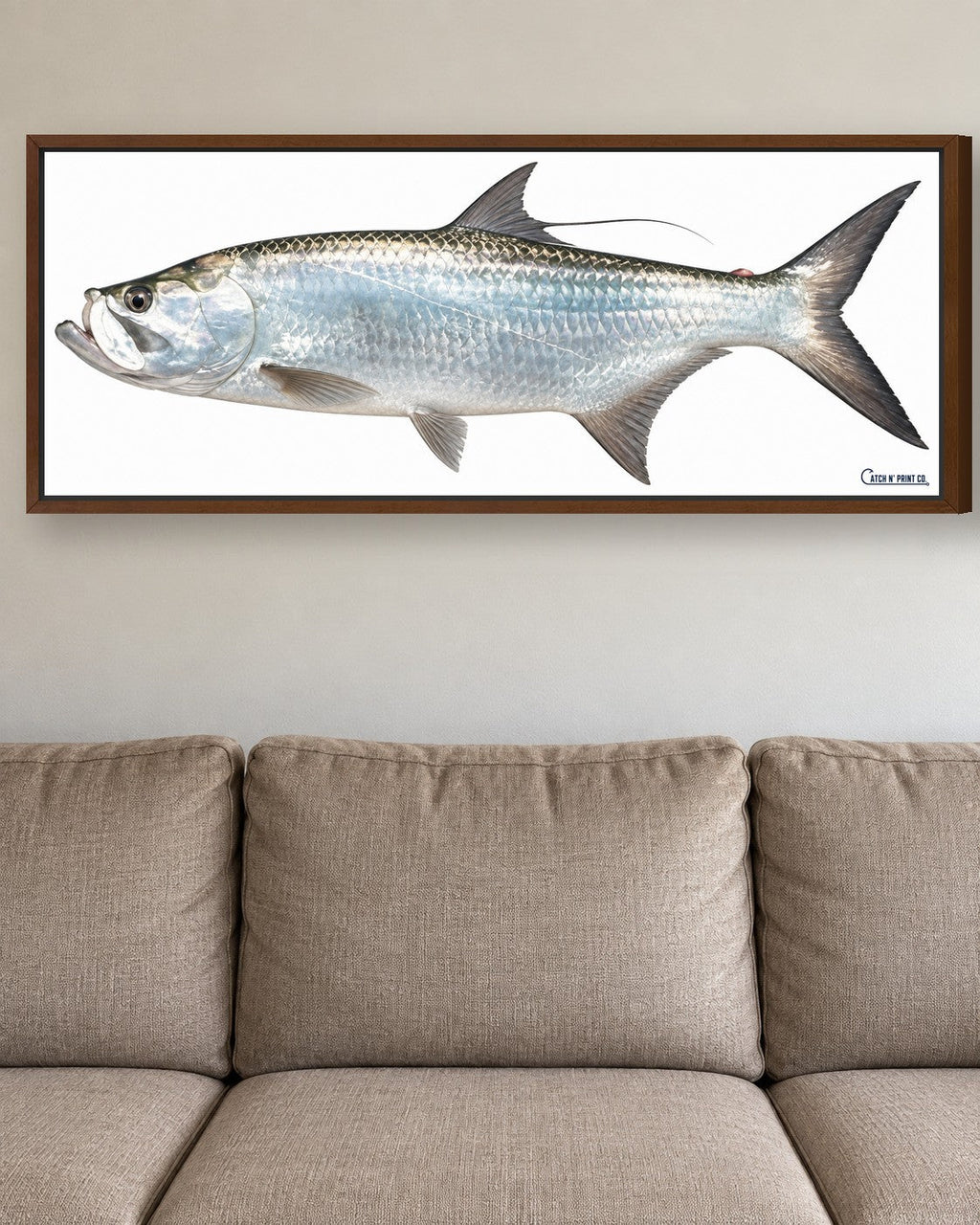 Canvas in a walnut floating frame, at true size