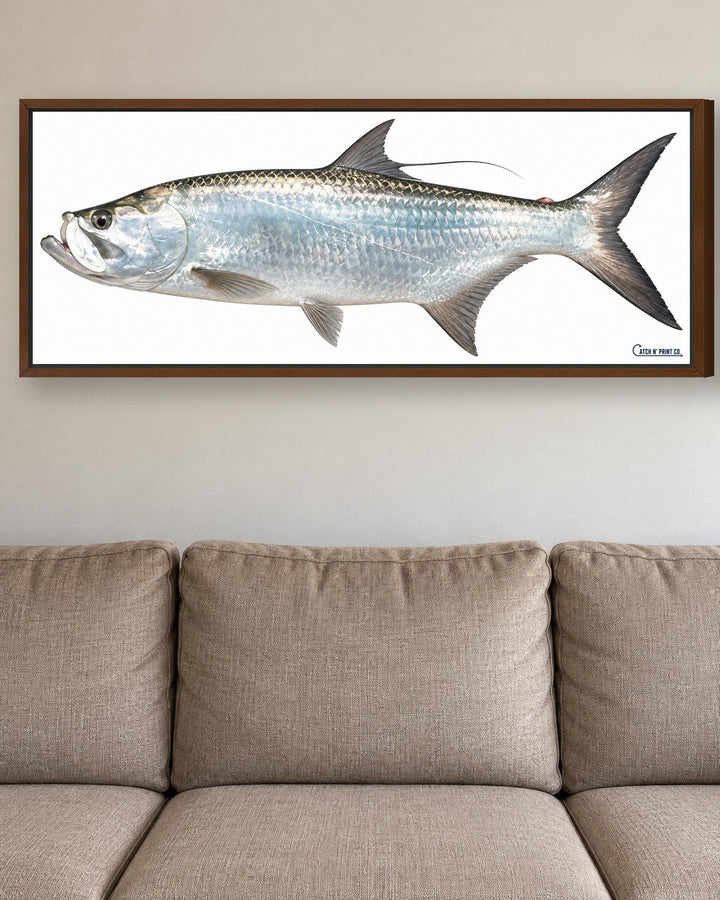 Canvas in a walnut floating frame, at true size