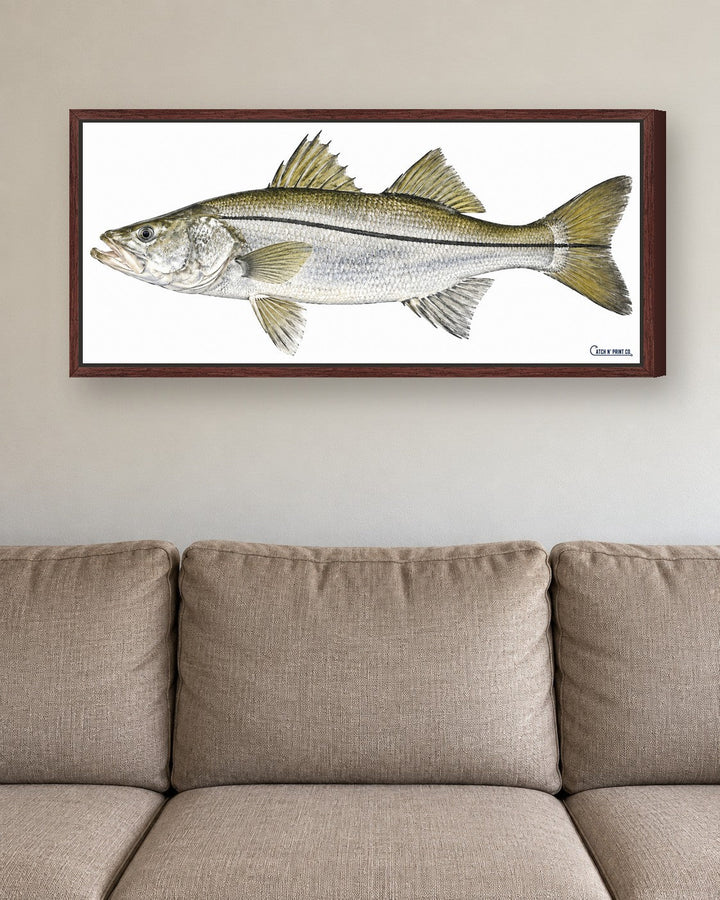 1.50in canvas in a Espresso floating frame, at true size above a sofa
